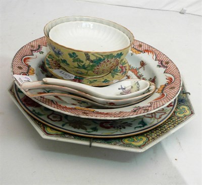 Lot 175 - Three Chinese plates, a bowl and cover and three spoons