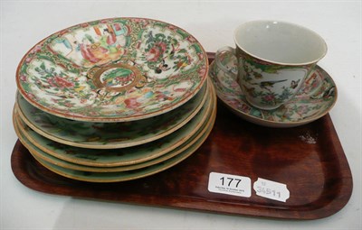 Lot 177 - Four Celadon Canton plates, a saucer and a cup and saucer