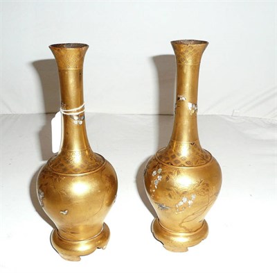 Lot 187 - Pair of Japanese gold lacquer and shibayama-decorated vases on associated wooden stands