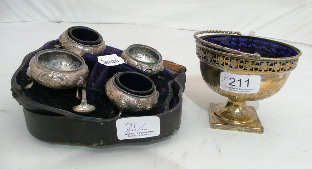 Lot 211 - Silver sugar basket and cased set of silver salts