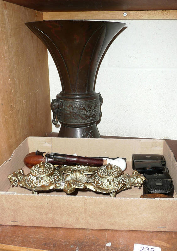 Lot 235 - Victorian snuff boxes, brass inkstand, pipes and a Japanese bronze vase
