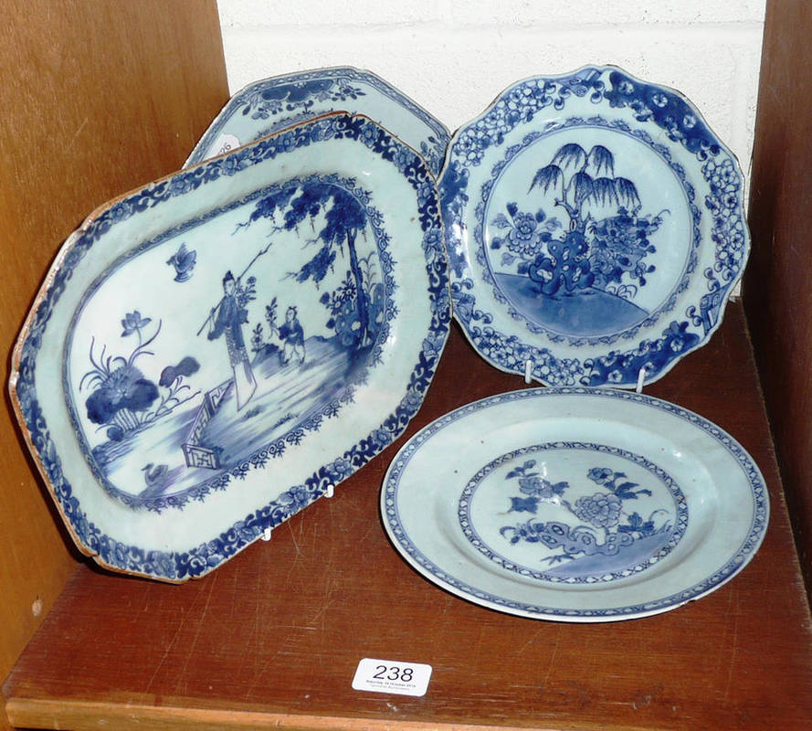 Lot 238 - 18th century Chinese export platter and three 18th century Chinese porcelain plates