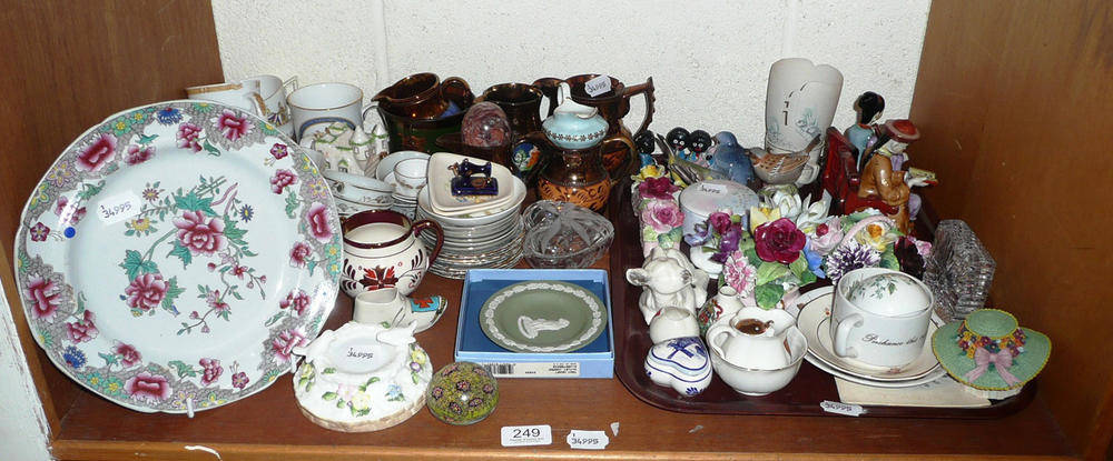 Lot 249 - Shelf of decorative ceramics including an ironstone plate, copper lustre jugs, miniature cups...