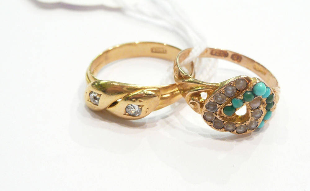 Lot 272 - A double snake head diamond set ring stamped '18CT' and a 15ct gold turquoise and seed pearl double