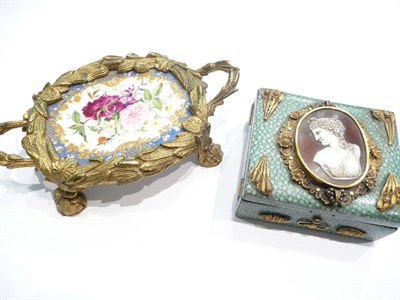 Lot 295 - Shagreen and cameo box and porcelain set and a gilt metal mounted two-handled small tray