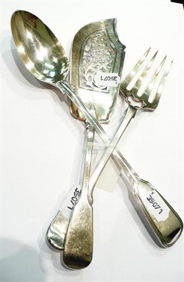 Lot 297 - Silver pierced fish slice, silver serving fork and a Victorian silver serving spoon (3)