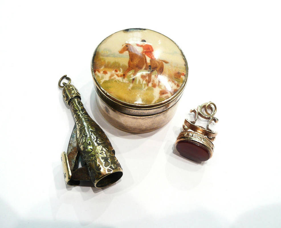 Lot 299 - 9ct gold fob, hunting scene pill box and a cigar cutter stamped 'Veuve Cliquot'