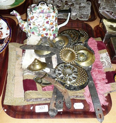 Lot 307 - Quantity of assorted pieces of textile, a tea pot and a quantity of horse brasses