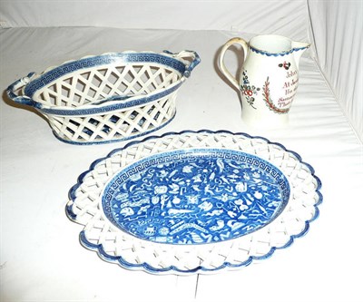 Lot 315 - John Rangeley pearlware jug and blue and white pearlware pierced dish and cover (2)