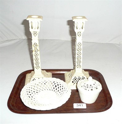 Lot 341 - A pair of Leeds pottery creamware candlesticks, a small Leeds pot and a continental dish