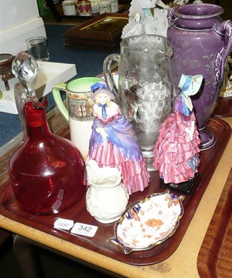 Lot 342 - Tray including two Doulton figures, Belleek jug, Royal Crown Derby pin tray, cranberry glass...