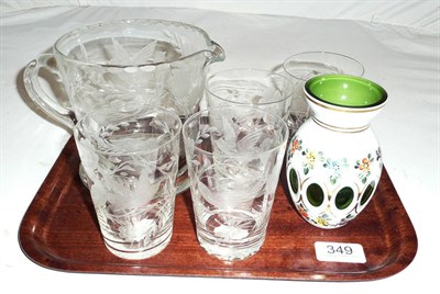 Lot 349 - Wheel engraved lemonade jug and four glasses en suite, and a white overlay and painted vase