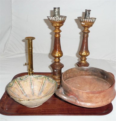 Lot 358 - Two pottery bowls, brass candlestick and pair of wooden candlesticks