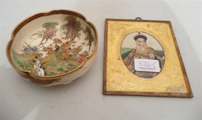 Lot 372 - Satsuma small pottery bowl and gilt metal mounted miniature of an oriental gent smoking a pipe (2)