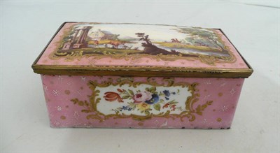 Lot 385 - 19th century pink enamel decorated hinged rectangular box, decorated with figures hunting and...