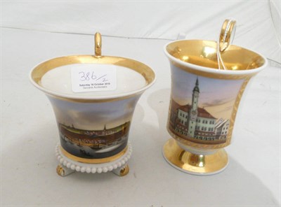 Lot 386 - Vienna pedestal cup with gilt decoration and central scene and another continental cup with a...