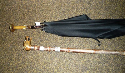 Lot 404 - Carved dogs head handled walking stick with silver collar and a black umbrella (2)