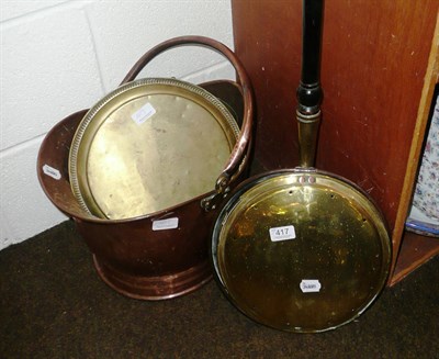 Lot 417 - Copper coal bucket, scrap, two pewter mugs, brass tray and a warming pan