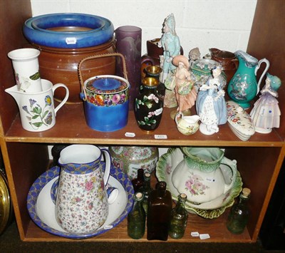 Lot 421 - Two shelves of ceramics and glass including a Carlton Ware posy ring, two toilet sets, Katshutz...