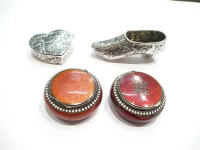 Lot 423 - Two red enamel and silver circular pill boxes, heart shaped silver box (with import marks) and...