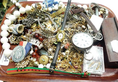 Lot 434 - Tray of assorted costume jewellery, pocket watches, rings, silver chain, boxed bone dominoes...