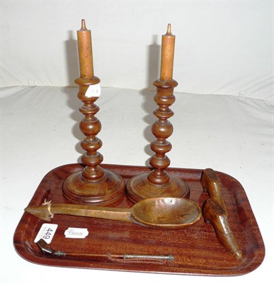 Lot 449 - Pair of treen candlesticks and candles, treen gold club, spoon and pair of miniature treen...