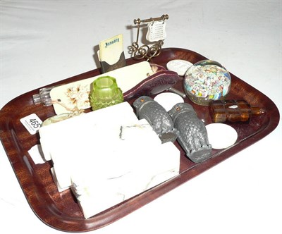 Lot 465 - Tray including glass paperweight, scent bottles, pair of novelty owl pepperettes, three...