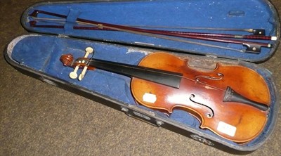 Lot 471 - Violin and two bows in wooden case