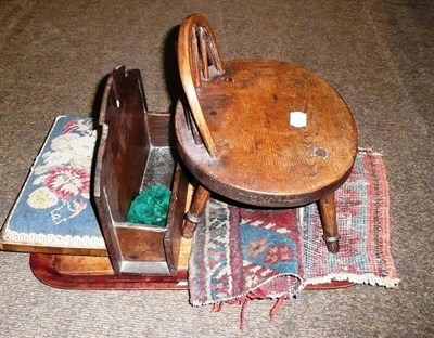 Lot 476 - Treen bread board, dolls country chair, letter rack, walnut folding stand with woolwork top and two