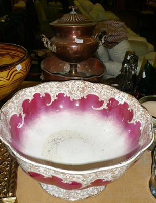 Lot 479 - A large fernivles pottery pedestal bowl, a copper samovar and a copper pedestal bowl