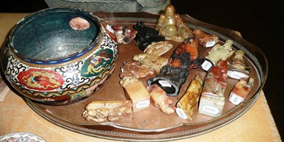 Lot 480 - Collection of carved soapstone figures (15), copper tray and cloisonne bowl