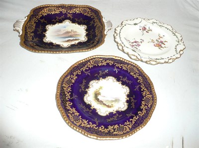 Lot 492 - Two Coalport cabinet plates - 'Loch Tay' and 'Bamboro' Castle' (a.f.) and two Royal Crown Derby...