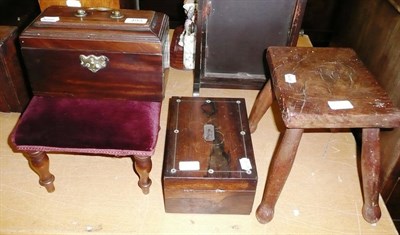 Lot 493 - Georgian mahogany tea caddy, a rosewood sewing box and two stools