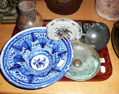 Lot 498 - Bellamine jug, delft plate, pottery shaving bowl, pewter ladle etc