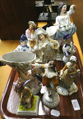 Lot 505 - A tray of eight Continental porcelain figures, an English porcelain figural quill holder and a...