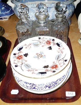 Lot 512 - Nine assorted Royal Crown Derby and other plates and three glass decanters and stoppers