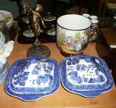 Lot 519 - Pair of blue and white tureens, Continental jardiniere and a gilt metal figural lamp