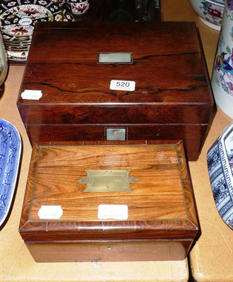 Lot 520 - Rosewood travelling dressing case with plated fittings and a laburnum jewellery box with brass...