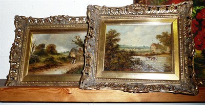 Lot 569 - Pair of small gilt framed oils on board figures on country lane and cattle watering initialled...