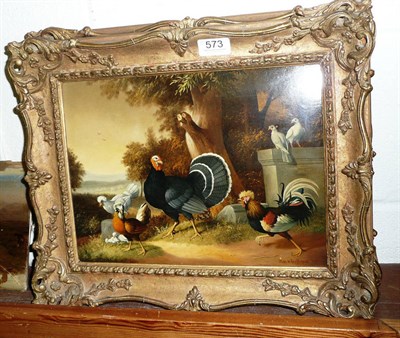 Lot 573 - Pair of gilt framed oils on board, farmyard scenes with hens