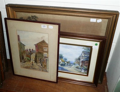 Lot 576 - Gilt-framed coloured print 'View of Lancaster', framed watercolour of a street scene and a...