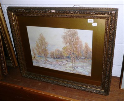 Lot 579 - Two large framed watercolours by Hector Chalmers of cattle watering by a river and sheep in a...