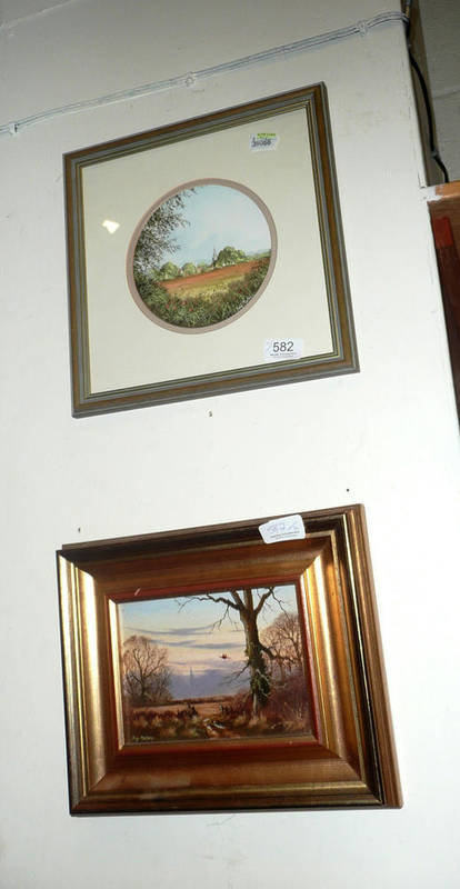 Lot 582 - Two pictures by Tony Malton, watercolour of a village scene across fields and an oil on board...