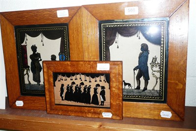 Lot 588 - Pair of oak framed reverse painting on glass silhouettes of Regency style figures and another...