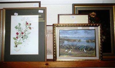 Lot 590 - A Dutch style still life of flowers, oil on board and six various pictures and prints