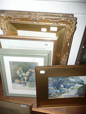 Lot 592 - Pair of framed watercolours of cottages along a country lane signed F Winder 1914, framed...