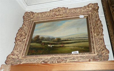 Lot 599 - A framed oil on board of a hunting scene, indistinctly signed