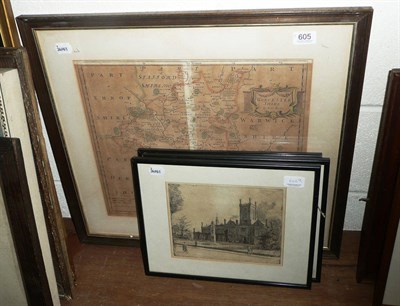 Lot 605 - Robert Morden framed map of Worcestershire and three framed etchings