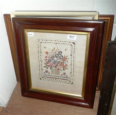 Lot 607 - Mahogany-framed embroidery of a vase of flowers and three circa 1920's/30's embroidered...