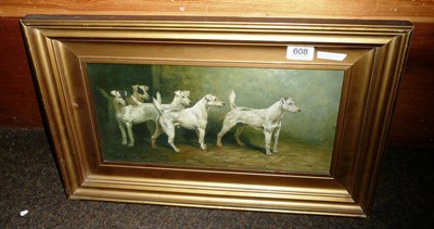 Lot 608 - A framed oil on board of five dogs